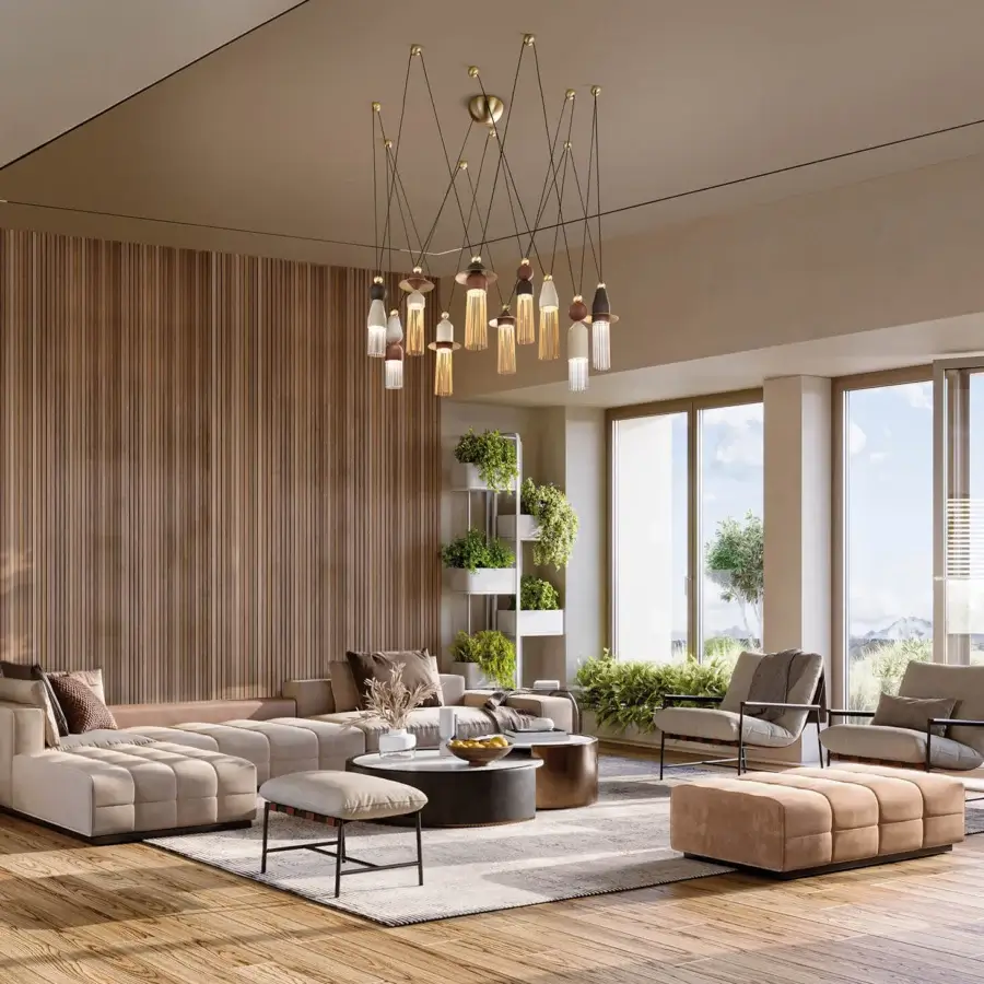 Superior Masiero Nappe suspension lamp with elongated organic form in painted metal and Pyrex diffusers with brown leather finish